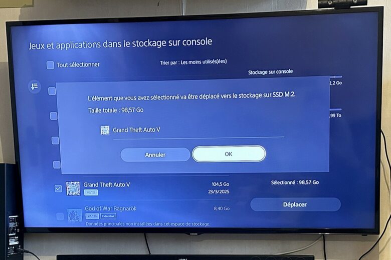 Transfert du jeu Grand Theft Auto V vers le Lexar Play 2280 SSD 4 To, pour un stockage plus rapide et fluide.