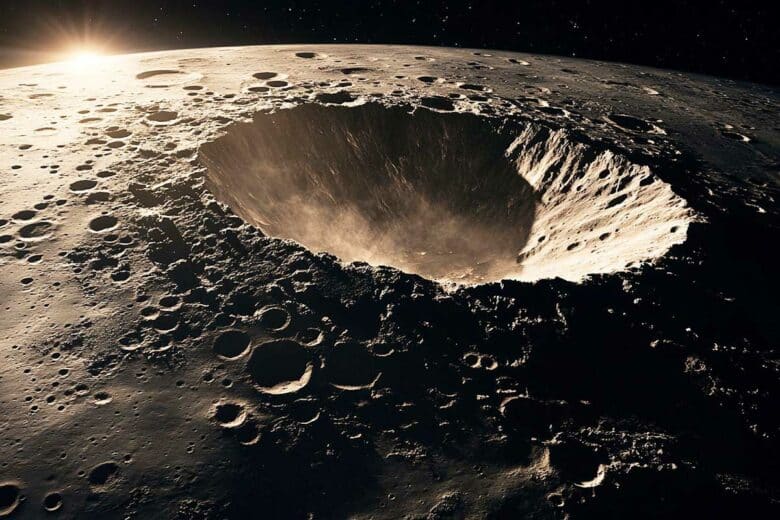 Un cratère à la surface de la Lune.