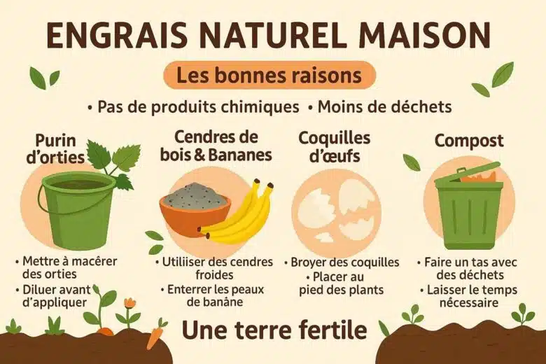 Infographie : les meilleurs ingrédients naturels pour fabriquer votre engrais maison.
