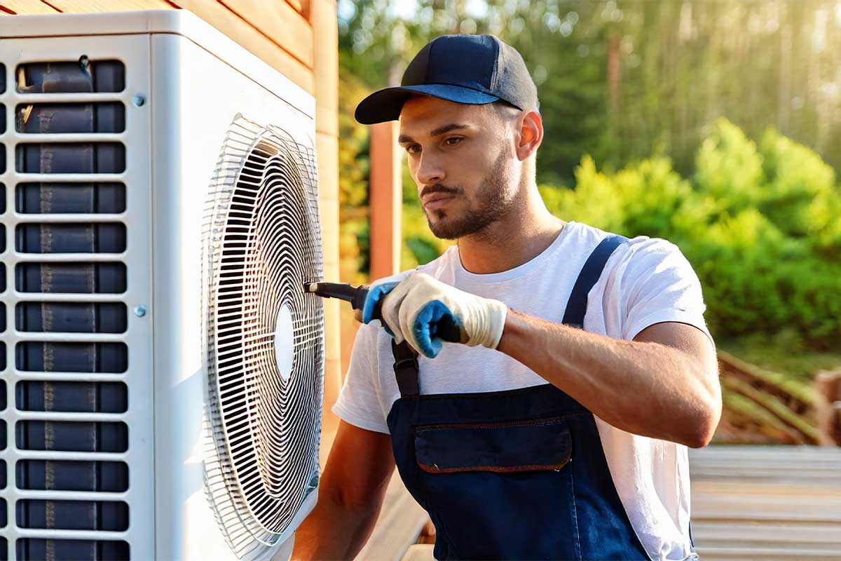 Un technicien contrôle une pompe à chaleur.