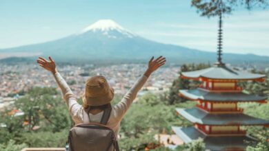 Une personne les bras levés devant un paysage japonais et le mont Fuji à l'horizon.