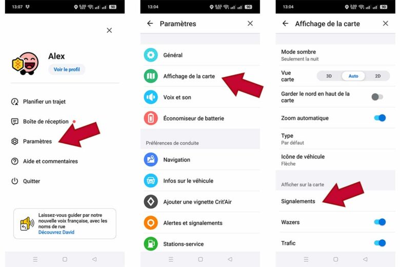 Capture d'écran Waze pour activer l'avertissement radar dans les paramètres.
