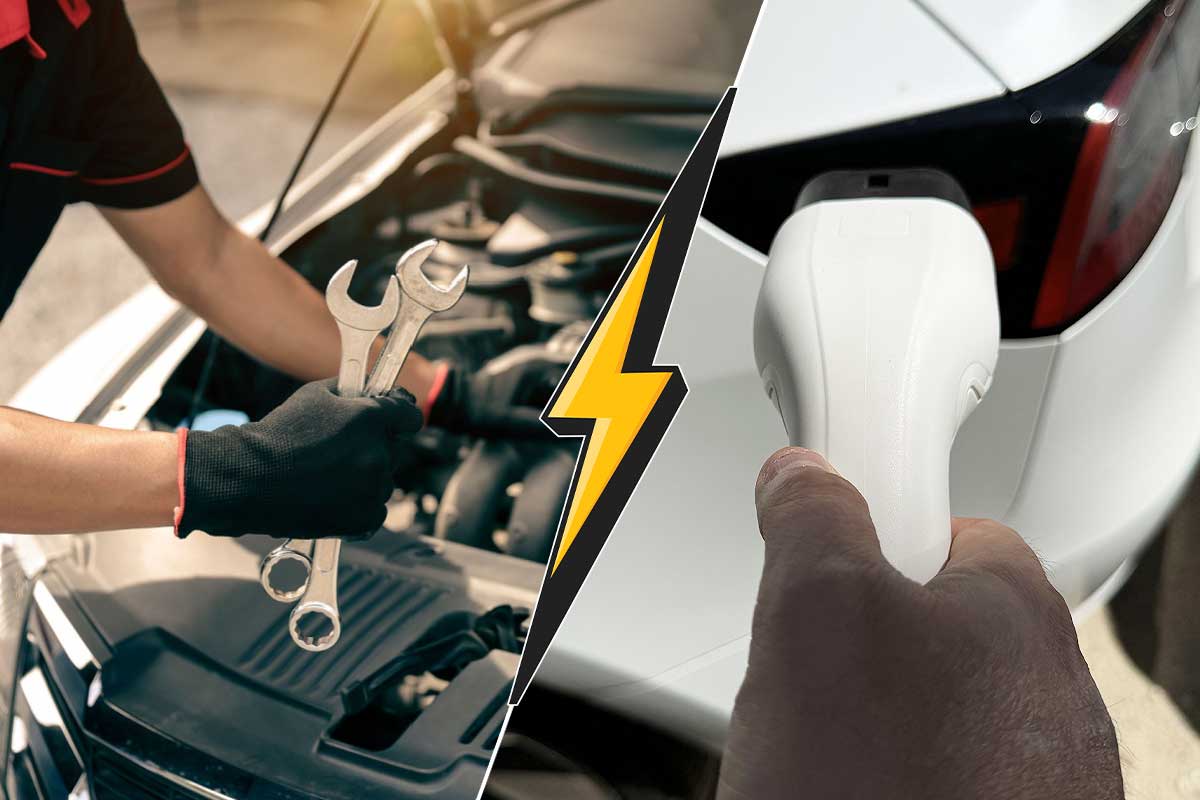 Une voiture thermique et une voiture électrique.