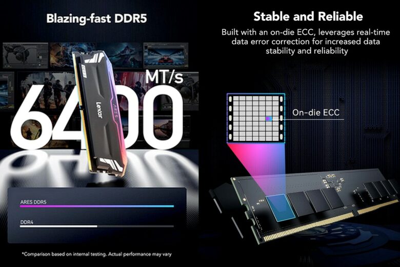 Avec une vitesse de 6400 MT/s et un système de correction d’erreurs intégré (on-die ECC), le kit DDR5 Lexar ARES RGB 32 Go promet stabilité et rapidité.