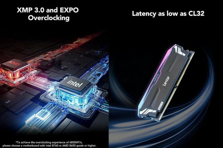Le kit DDR5 Lexar ARES RGB 32 Go est compatible XMP 3.0 et EXPO pour une optimisation parfaite, que vous soyez sur Intel ou AMD.