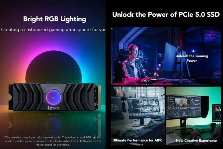 Le Lexar Professional NM1090 dans son élément : ambiance gaming immersive, performance graphique, montage vidéo et rapidité extrême. Avec en prime, un éclairage RGB pour sublimer votre setup.