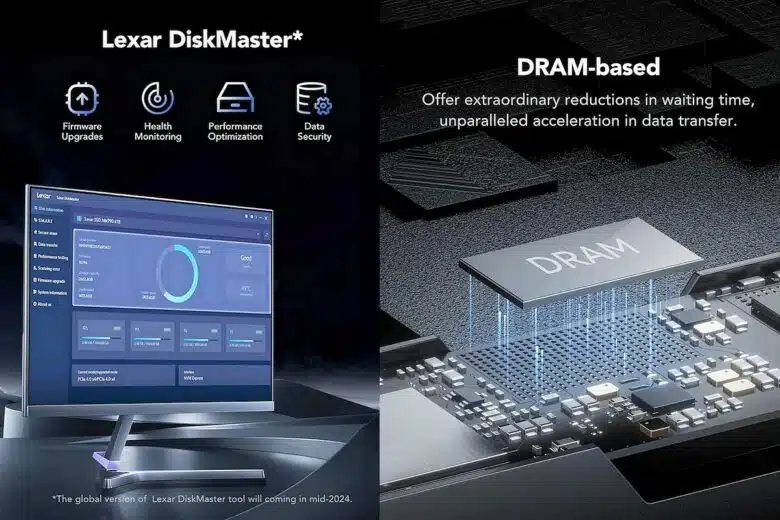Fonctionnalités avancées du Lexar Professional NM1090 avec le logiciel Lexar DiskMaster et sa conception DRAM : performances optimisées, sécurité renforcée, et latence réduite au strict minimum.