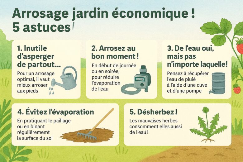 Infographie : 5 conseils pour un arrosage économique et écologique.