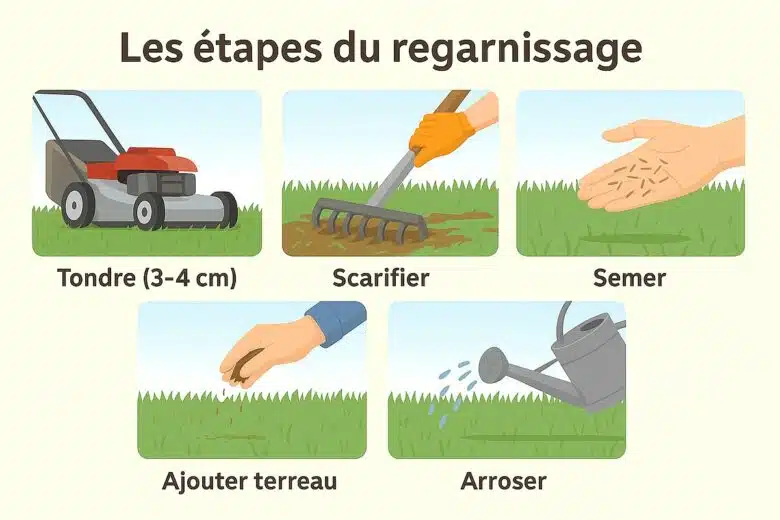 Infographie : les 5 étapes essentielles pour un regarnissage de pelouse réussi ! 