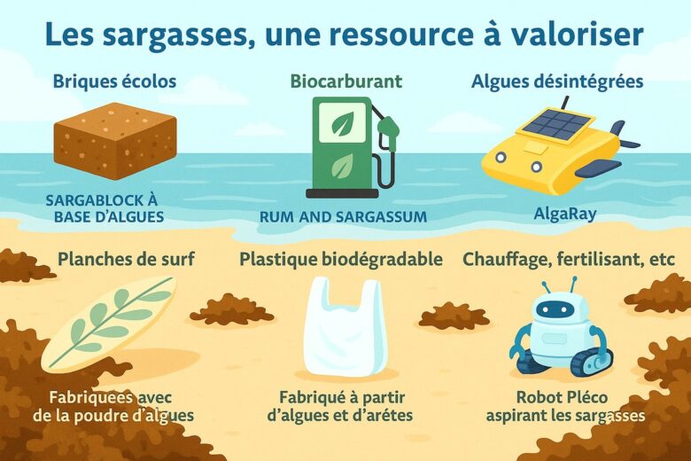 Infographie : les différentes utilisations possibles des sargasses.