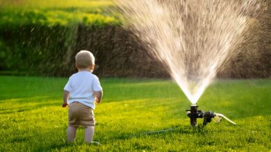 Un enfant devant un système d'arrosage automatique.