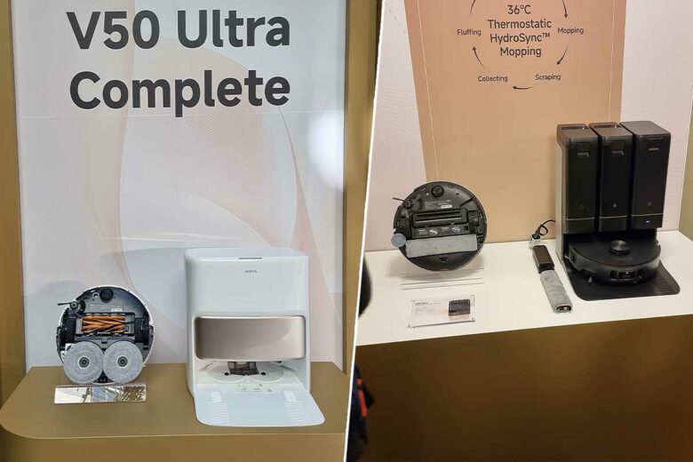 Deux modèles d'aspirateur MOVA, le V50 Ultra Complete à gauche et le Z50 Ultra à droite.