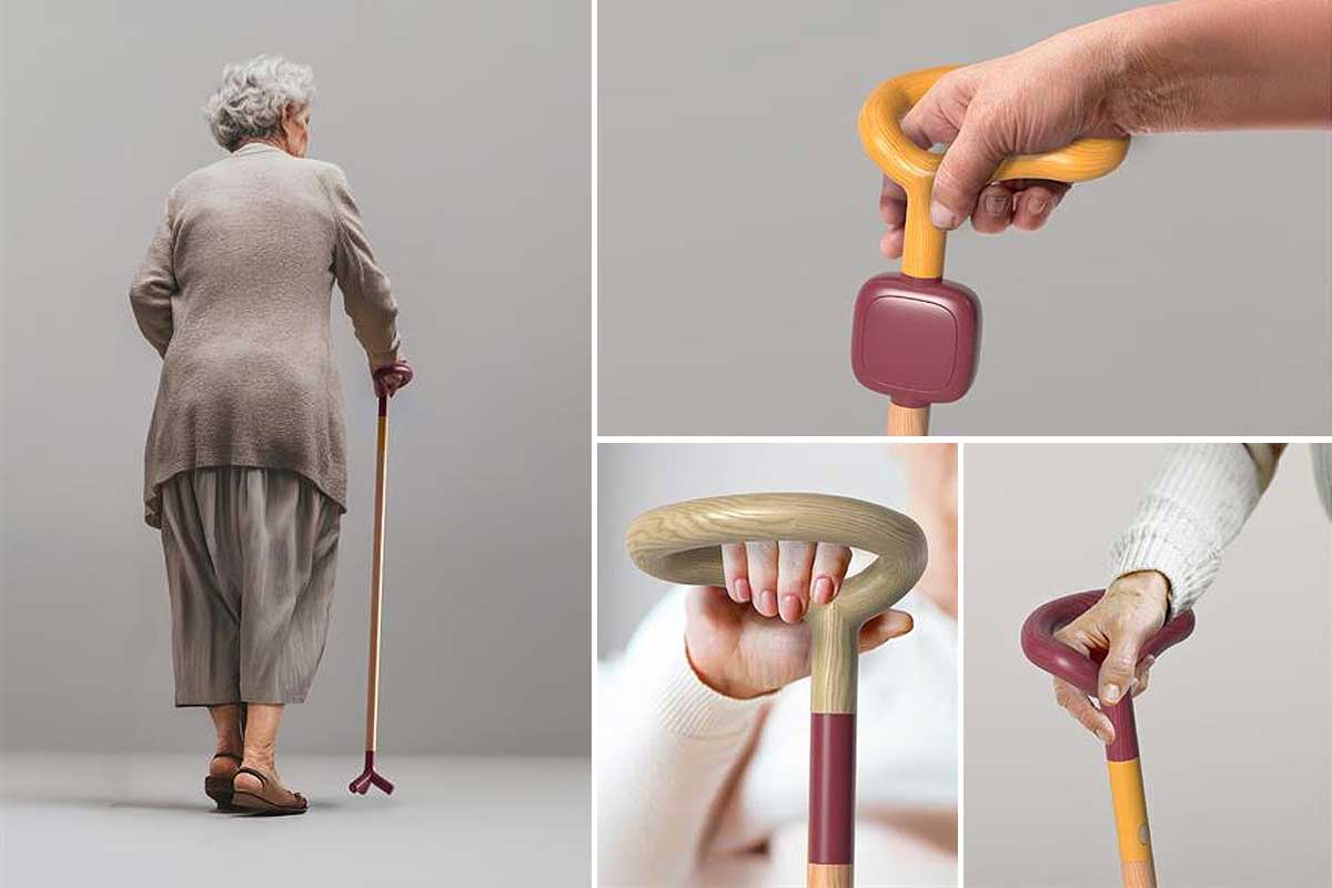 Une personne âgée utilisant la canne Ease.