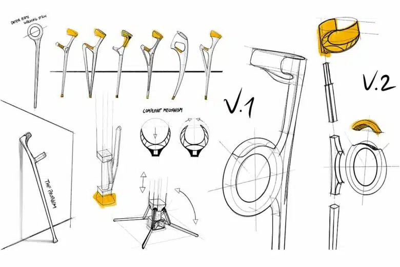 Croquis du projet de canne ergonomique.