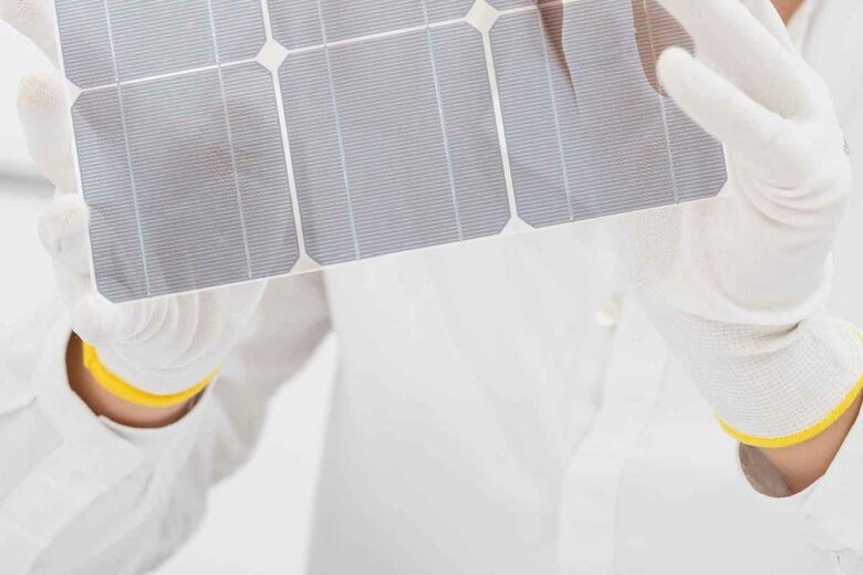 Un scientifique tient une cellule solaire semi-transparente.