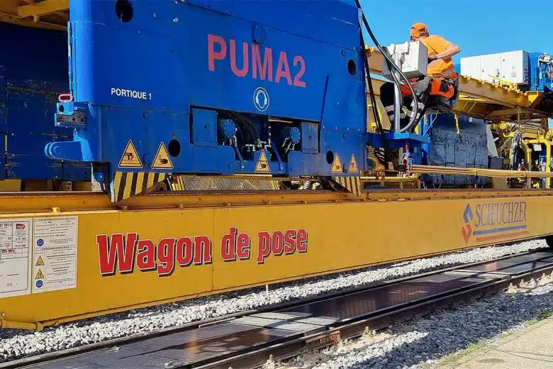 Un wagon spécialisé dans la pose des panneaux solaires.