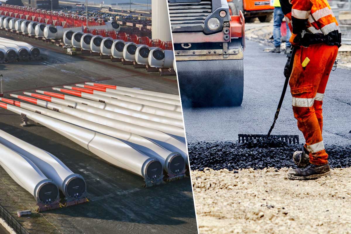 Des pales d'éoliennes et pose d'asphalte sur une route.