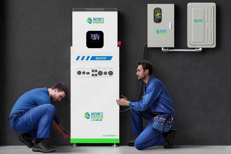 Des techniciens installent une batterie résidentielle.