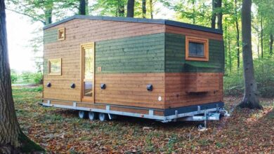 Une tiny house installée à la lisière d'une forêt.