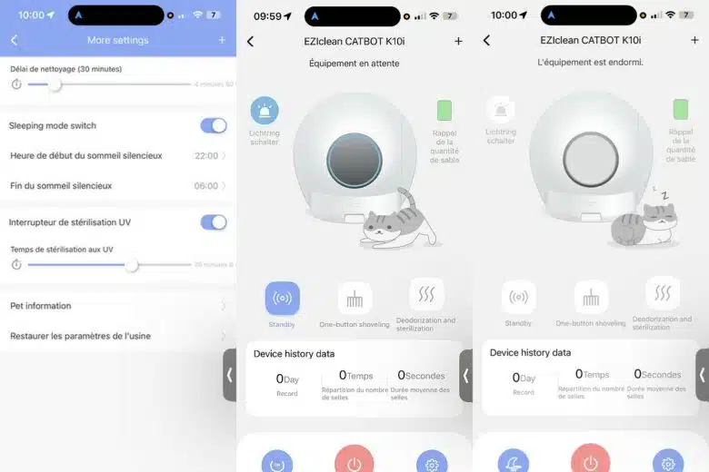 Interface de l’application mobile liée à la litière connectée EziClean K10i : gestion à distance, suivi d’activité et programmation des cycles.