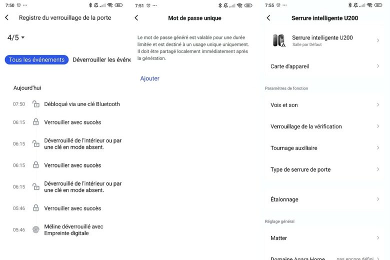 L’historique des déverrouillages et les paramètres de personnalisation de la serrure Aqara U200 dans l’application mobile.