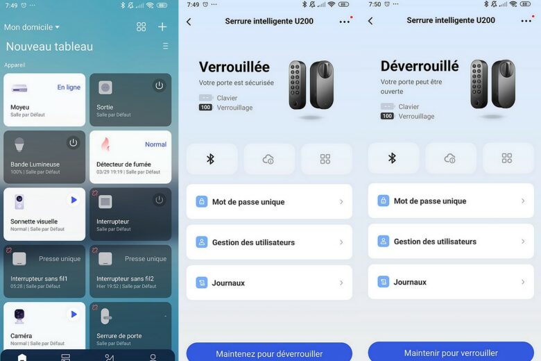 Capture d’écran de l’application Aqara Home : aperçu du tableau de bord et du statut de la serrure connectée U200 (verrouillée/déverrouillée).