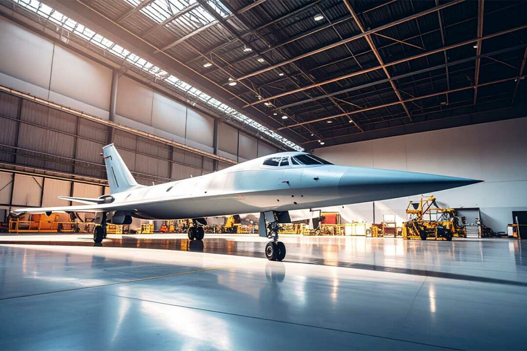 Un avion supersonique dans son hangar.