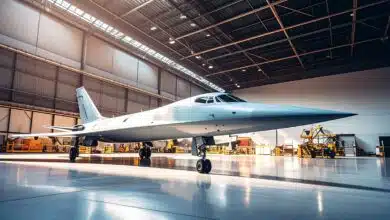 Un avion supersonique dans son hangar.