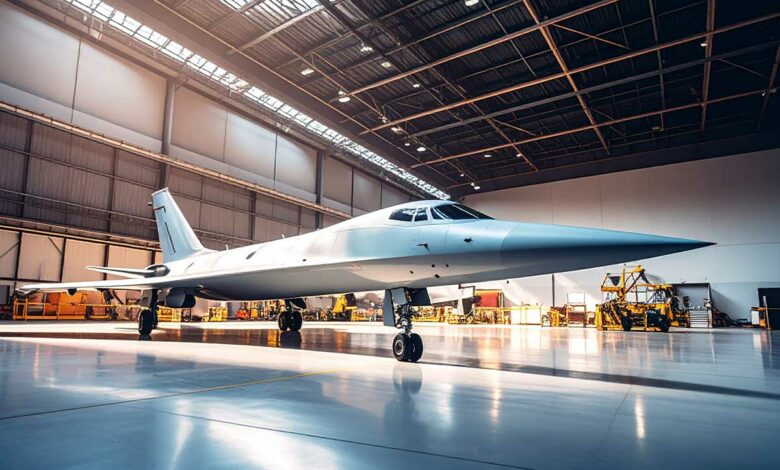 Un avion supersonique dans son hangar.