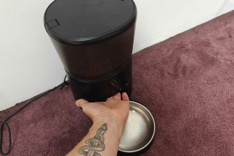 Un distributeur de croquettes bloqué.
