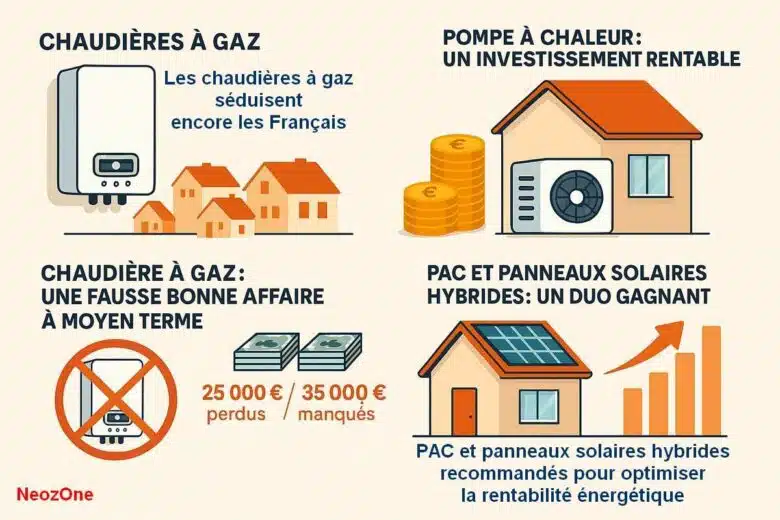 Infographie comparaison entre une chaudière à gaz et une PAC combinée à une installation solaire.