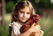 Une petite fille tient une poule dans ses bras.