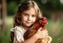 Une petite fille tient une poule dans ses bras.