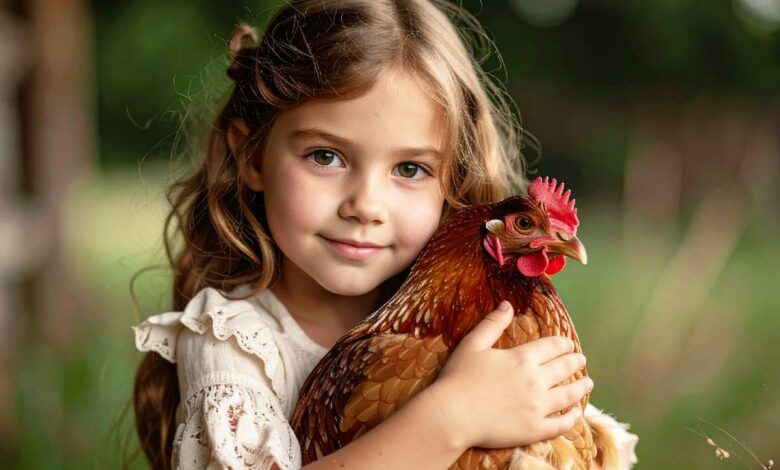 Une petite fille tient une poule dans ses bras.