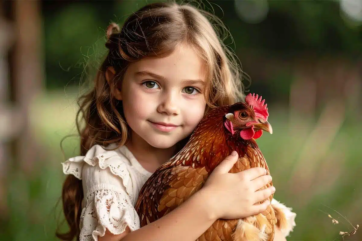 Une petite fille tient une poule dans ses bras.