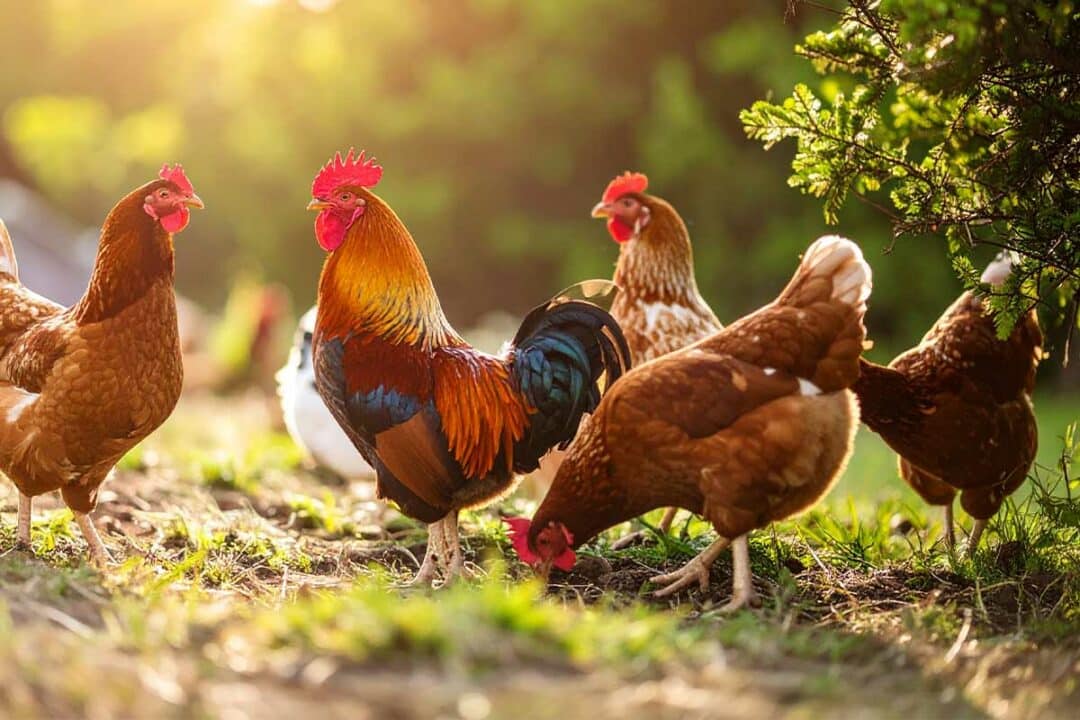 Quelques poules et un coq au jardin.