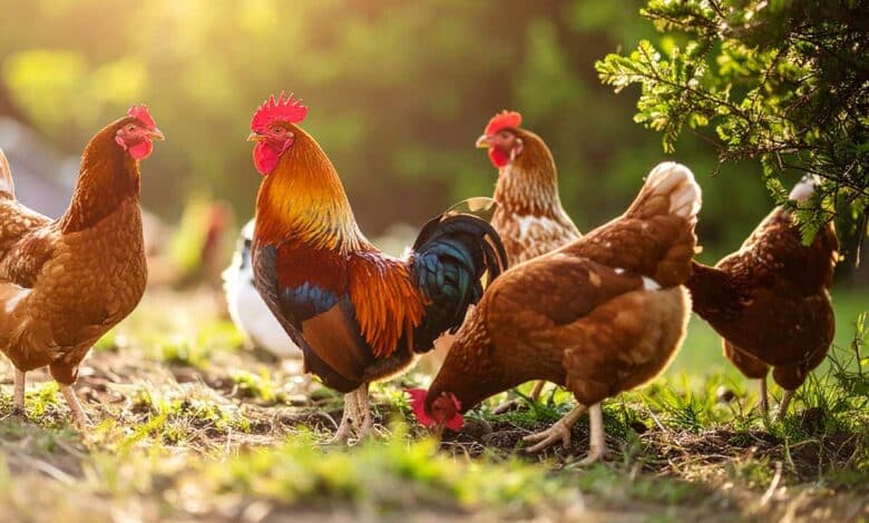 Quelques poules et un coq au jardin.