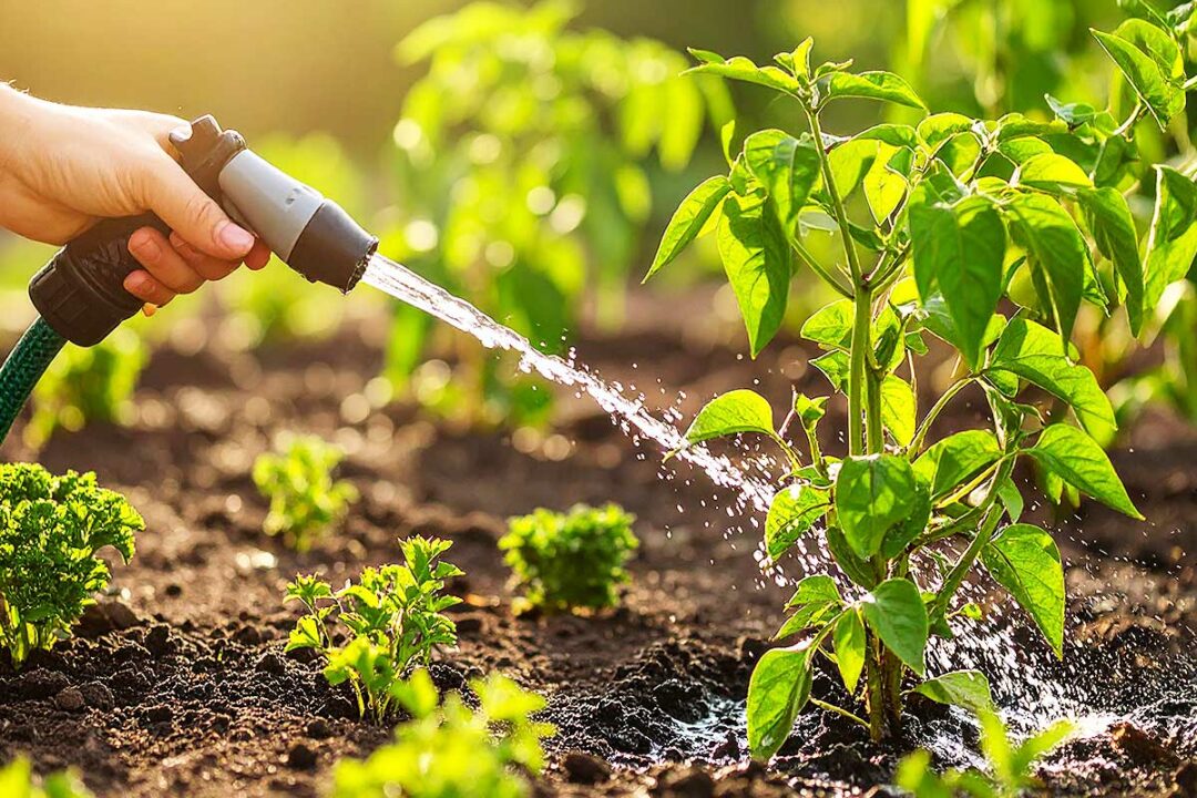 Une plante arrosée avec un tuyau.