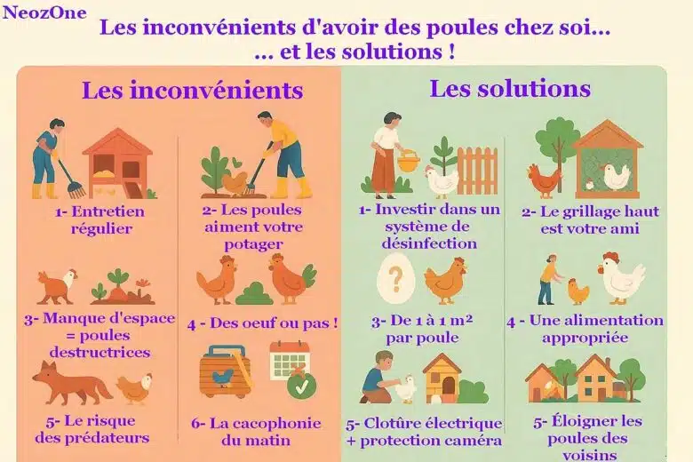 Infographie NeozOne : les inconvénients des poules chez soi, et les solutions à mettre en oeuvre.