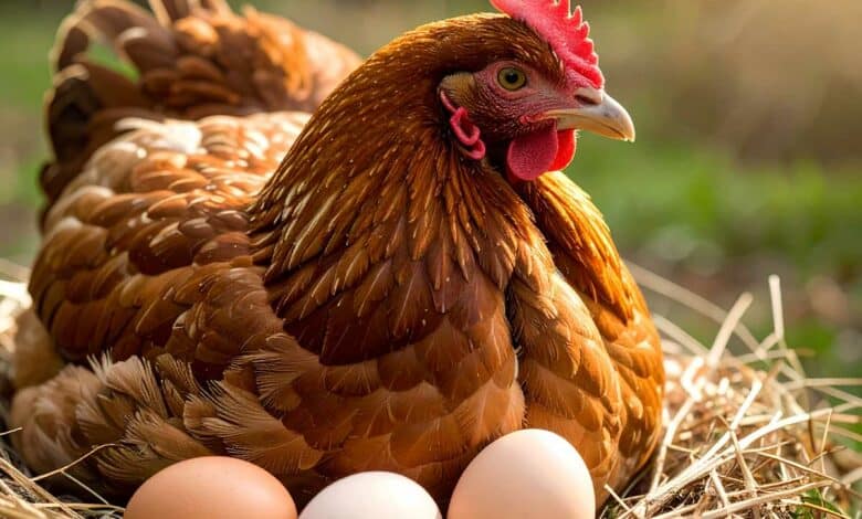 Une poule couve ses œufs.
