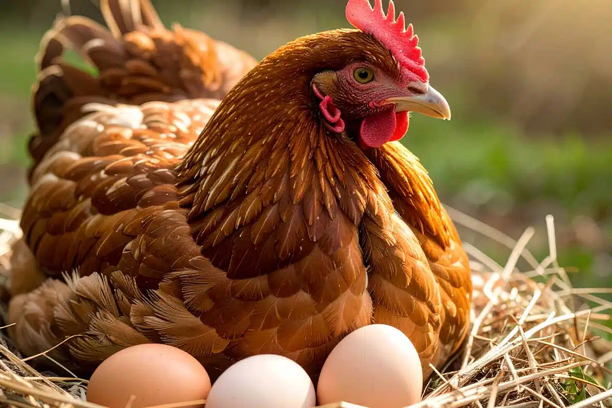 Une poule couve ses œufs.