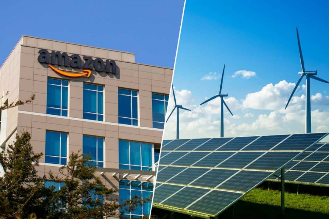 Un bâtiment Amazon et des moyens de production d'énergie renouvelable.