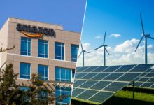 Un bâtiment Amazon et des moyens de production d'énergie renouvelable.