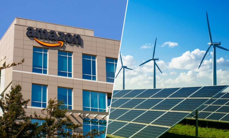 Un bâtiment Amazon et des moyens de production d'énergie renouvelable.