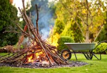 Un feu de déchets vert dans le jardin.