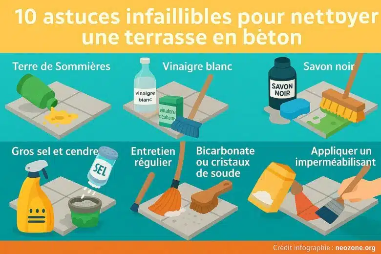 Infographie : 10 astuces pour nettoyer votre terrasse en béton.