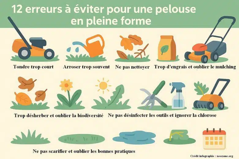 Infographie : quelles sont les 12 erreurs à évietr pour une pelouse impeccable.