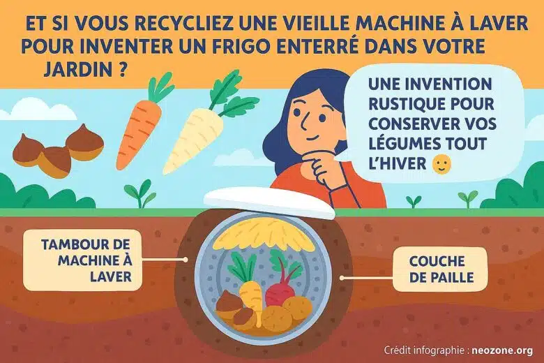 Infographie : comment fabriquer un réfrigérateur grâce à un tambour de lave-linge enterré dans le jardin ? 
