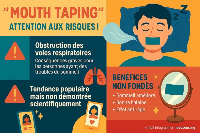 Infographie : les dangers du mouth taping révélés par une étude scientifique canadienne.