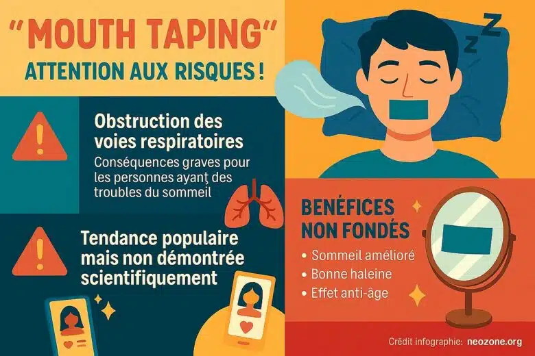 Infographie : les dangers du mouth taping révélés par une étude scientifique canadienne.